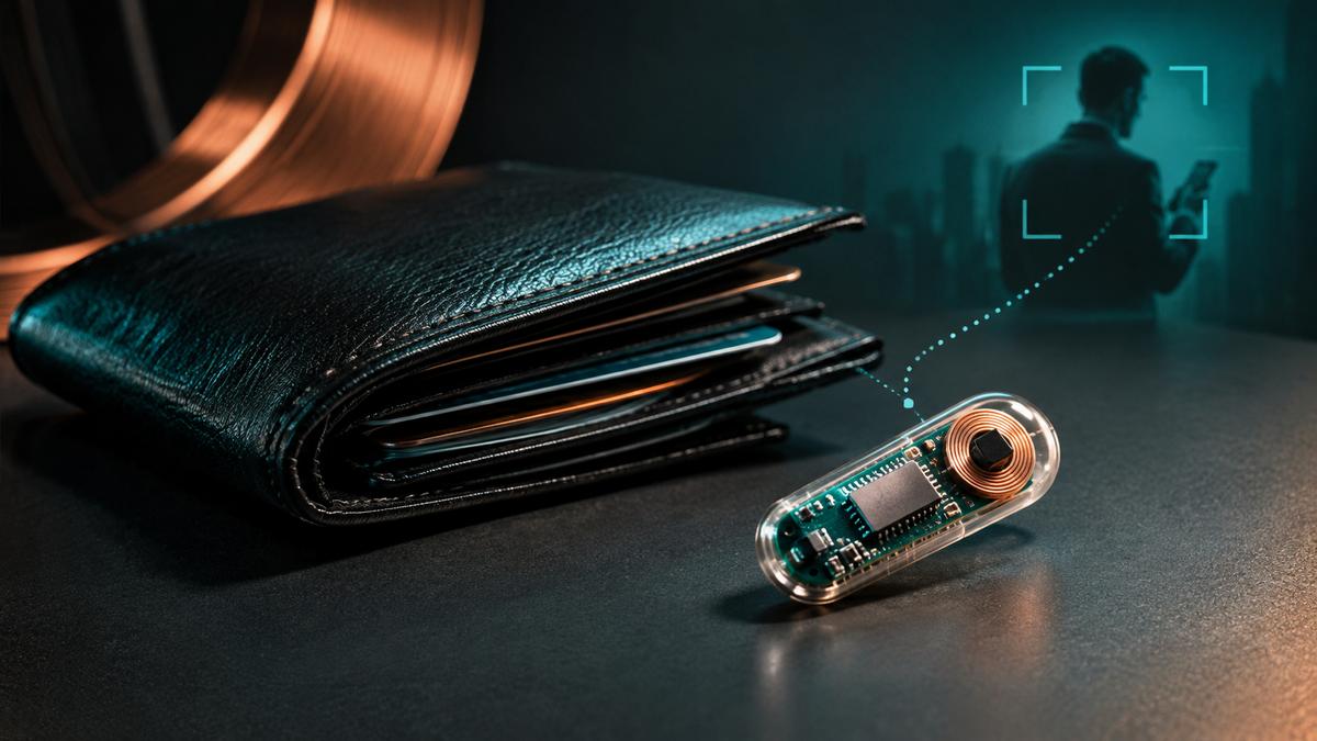 Concept illustration of a hidden hardware implant beside a wallet