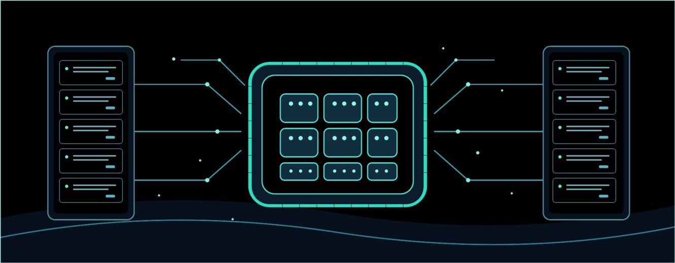 Abstract illustration of a GPU compute chip linked to server racks for Mistral Large 4