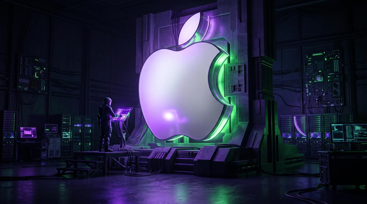 A person at a glowing console beside a large Apple logo in a dim server room.